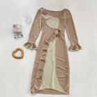 Mock Two-piece Long-sleeve Flower Accent Midi Sheath Dress