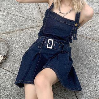 Halter-neck Belt-accent Pleated Mini Denim Dress