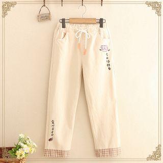 Embroidered Check Hem Straight-leg Pants