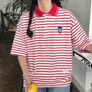 Cartoon Embroidered Striped Elbow-sleeve Polo Shirt