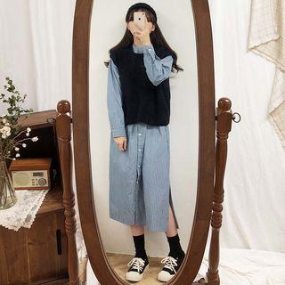 Striped Long-sleeve Loose-fit Shirtdress / Plain Knit Vest
