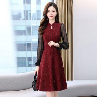 Long-sleeve Mesh Panel Stand Collar A-line Dress