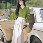 Long-sleeve Open-collar Blouse / Midi A-line Skirt / Set