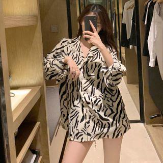 Long-sleeve Zebra Print Open-collar Shirt White - One Size