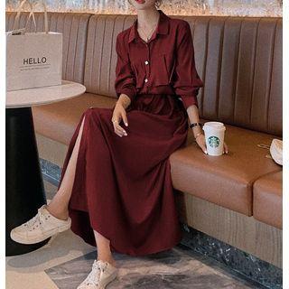 Long-sleeve Plain Tie-waist Maxi Dress