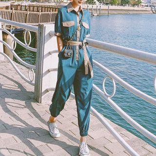 Short Sleeve Contrast Trim Harem Jumpsuit
