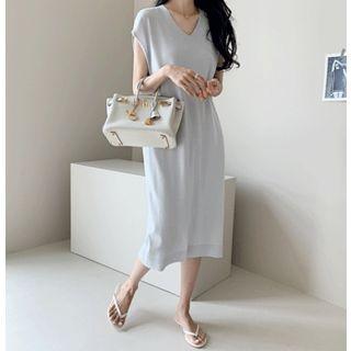 V-neck Cap-sleeve Linen Blend Dress