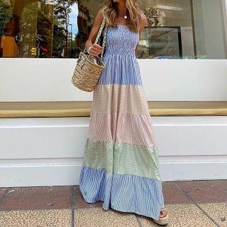 Tie-shoulder Striped Paneled Midi A-line Dress