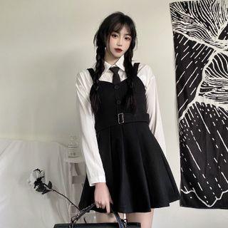 Plain Shirt / Tie / Mini Overall Dress / Set