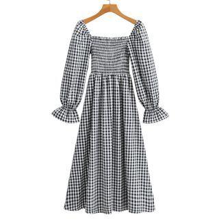 Long-sleeve Square-neck Plaid Dress