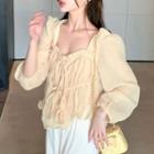 Long-sleeve Chiffon Blouse / Slit Wide-leg Pants