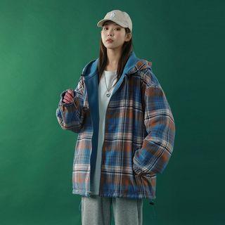 Long-sleeve Plaid Reversible Hooded Jacket
