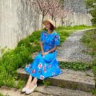Floral Long Empire Dress Blue - One Size