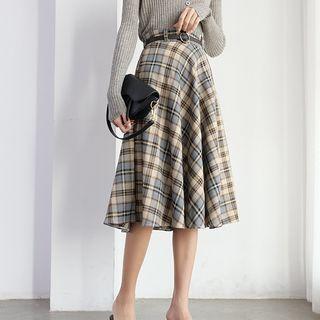 Plaid Midi A-line Skirt Plaid - Grayish Blue & Almond - One Size