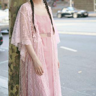 Elbow-sleeve Lace Light Long Jacket Pink - L