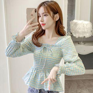 Long-sleeve Shirred Checked Peplum Top