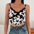 Lace Trim Cow Print Cropped Camisole Top