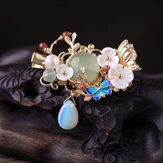 Retro Flower Butterfly Gemstone Hair Clip White & Blue & Light Green - One Size
