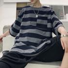 Striped Elbow-sleeve High-low T-shirt Gray - One Size