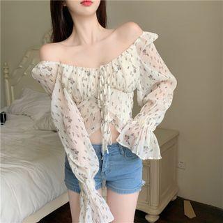 Long-sleeve Floral Print Tie-front Chiffon Blouse