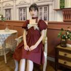 Puff-sleeve Square Collar Bow-accent A-line Dress