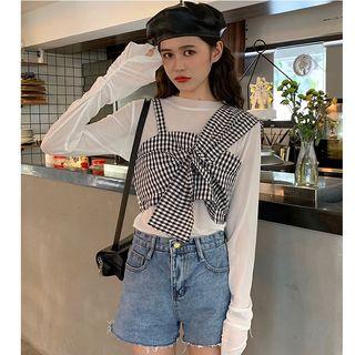 Checked Sleeveless Crop Top / Plain Long-sleeve Mesh Top