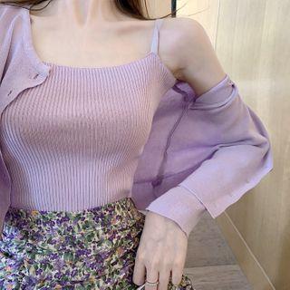 Knit Camisole / Plain Cardigan / Flower Print Mini A-line Skirt