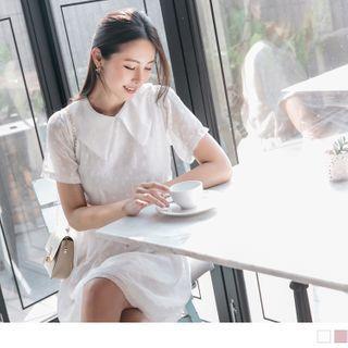 Short-sleeve Collared Dotted Chiffon Dress
