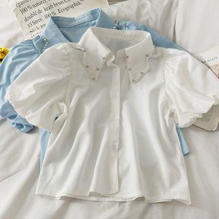 Pearl-collar Puff-sleeve Plain Shirt