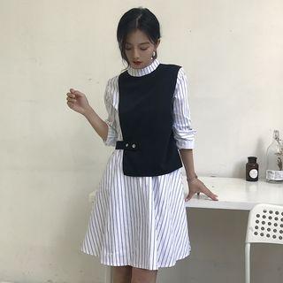 Panel Pinstripe Long-sleeve Dress