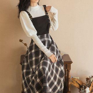 Set: Long-sleeve Mock-neck Knit Top + Plaid Midi A-line Overall Dress