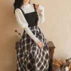 Set: Long-sleeve Mock-neck Knit Top + Plaid Midi A-line Overall Dress