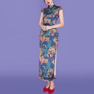 Cap-sleeve Floral Midi Qipao Dress