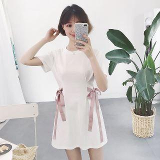 Short-sleeve Ribbon Bow-accent Dress