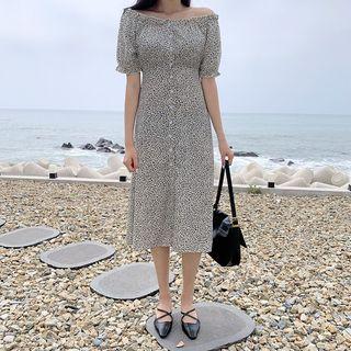 Off-shoulder Buttoned Leopard Dress