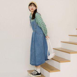 High-waist Washed Denim Pocket A-line Dress