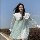 Long-sleeve Sheer Panel A-line Dress Green Floral - White - One Size