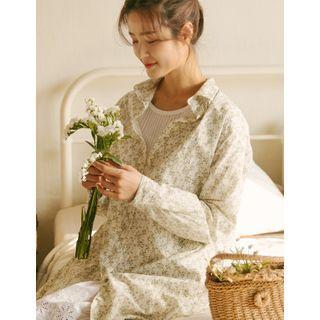 Slit-side Floral Print Shirtdress
