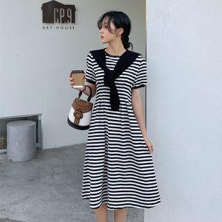Short-sleeve Tie-neck Striped Midi A-line Dress