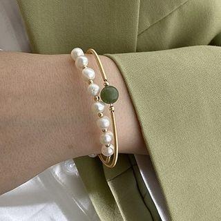 Faux Gemstone Faux Pearl Layered Alloy Bangle E375 - Gold - One Size