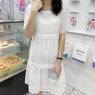 Elbow-sleeve Lace Mini Dress White - One Size