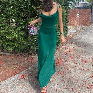 Tie-strap Plain Open-back Slit Maxi Dress