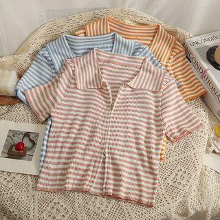 Striped Zipper Polo Shirt
