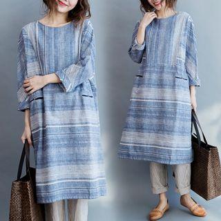Long-sleeve Striped Midi Dress Blue - One Size