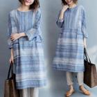 Long-sleeve Striped Midi Dress Blue - One Size