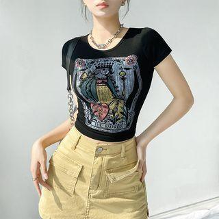Poker-print Crop T-shirt