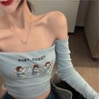 Embroidered Off-shoulder Long-sleeve Slim-fit Top