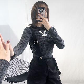 Long-sleeve Rabbit Print Knit Top Black - One Size