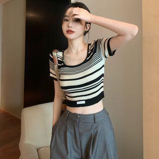 U-neck Striped Cropped Top Black - One Size