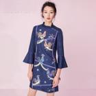 Print 3/4-sleeve Stand-collar Dress